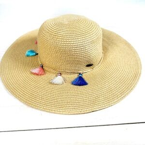 C.C. Hat Exclusives Floppy‎ wide brimmed 16" Tassels Straw Sun Hat UV